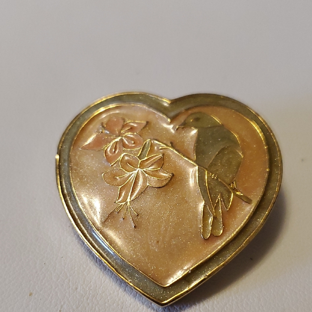 Heart-Shaped Bird and Flower Brooch